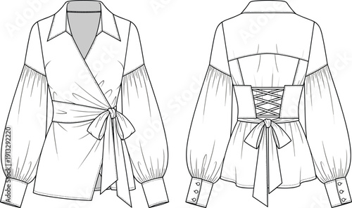 Fashion technical flat sketch of a wrap blouse with bishop sleeves waist tie and lace up corset back for templates