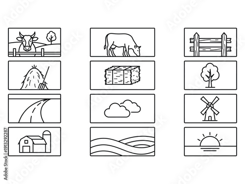 Rural landscape icons featuring farm elements like cows, barns, hay bales, fences, windmills, and rolling hills at sunrise.