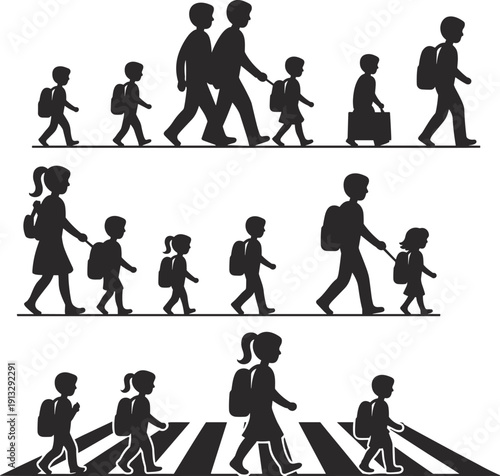 PriBlack and white vector silhouettes of school children with backpacks walking in lines and crossing a pedestrian zebra street crosswalk on white background.