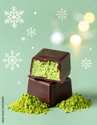 Pistachio Filled Chocolate Bonbons with Snowflakes Holiday Theme
