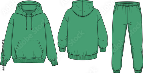 Fashion technical flat sketches of oversized green hoodie with kangaroo pocket and matching jogger sweatpants for apparel design clothing templates