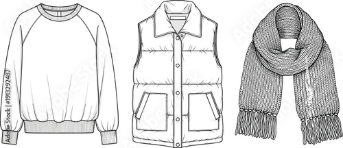 Fashion technical flat sketches of winter apparel including raglan sweatshirt quilted puffer vest and knitted fringe scarf for design templates