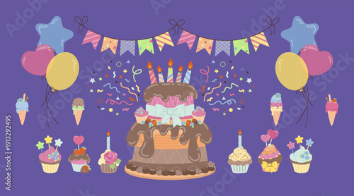 Vector illustration of a colorful birthday cake with lit candles, surrounded by festive elements like balloons, bunting, cupcakes, and ice cream cones on a purple background.