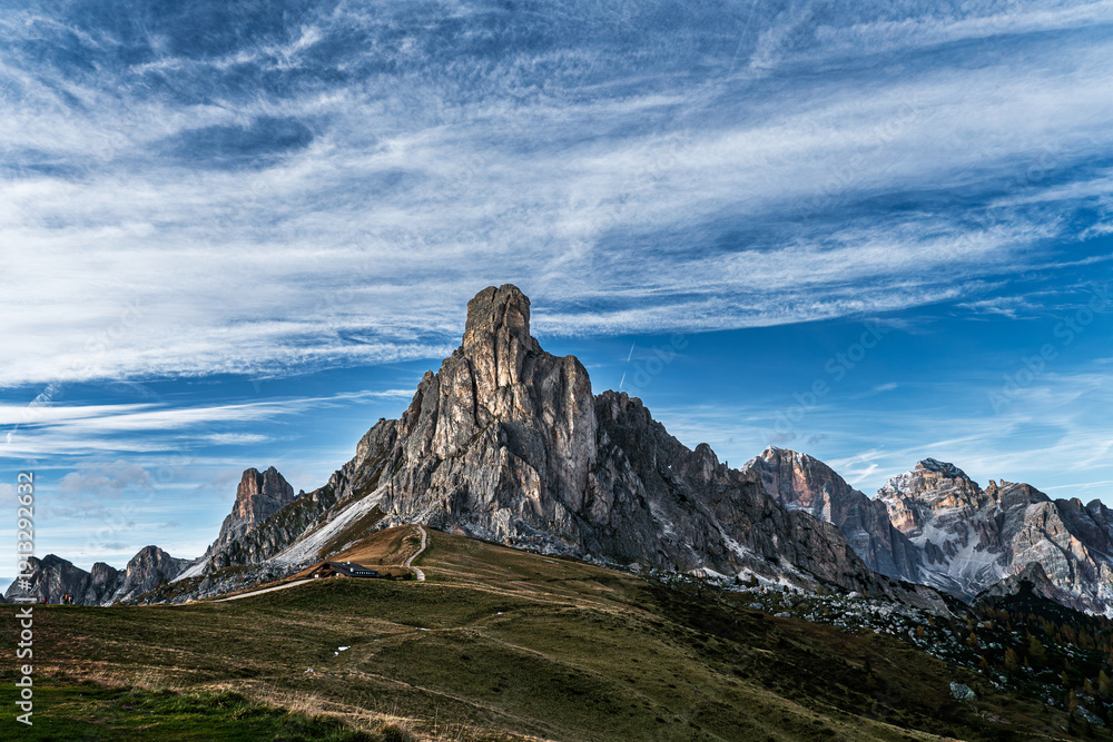 Fototapeta premium Beautiful view from Passo Giau, Dolomites, Italy. Beautful mountain peaks.