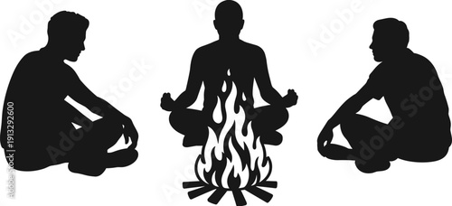 Black and white vector silhouettes of three men sitting and meditating around a burning campfire or bonfire isolated on a plain white background.