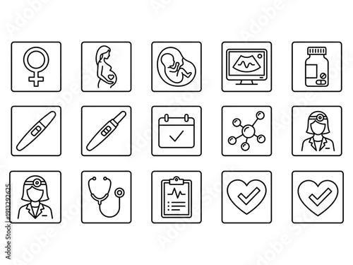 Medical and healthcare icons for pregnancy, birth, and diagnostics. Includes female symbol, pregnant woman, fetus, ultrasound, and doctor.
