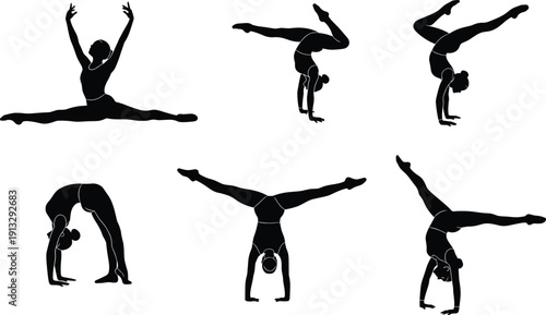 Set of black silhouettes of female gymnasts performing handstands splits and backbends for rhythmic gymnastics and artistic sports design elements