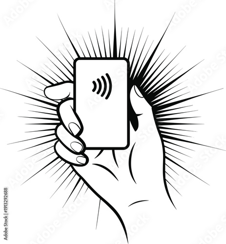 Hand holding credit card with NFC tap to pay contactless payment wireless mobile phone