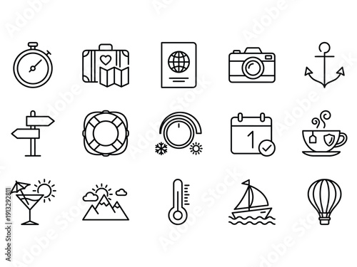 Collection of travel and vacation icons, including a stopwatch, suitcase, passport, camera, and anchor, perfect for summer holidays.