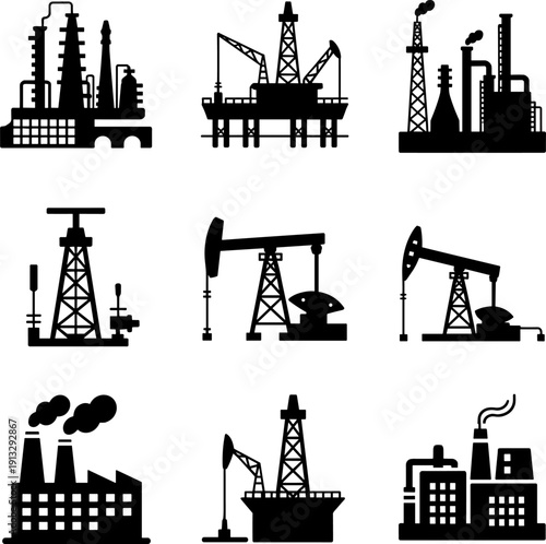 Collection of black industrial silhouettes featuring oil rigs power plants factories and refinery equipment isolated on white background for energy and manufacturing industry design.