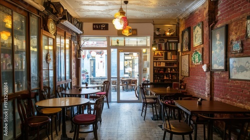 Cozy cafe interior with outdoor patio view. Possible stock photo use
