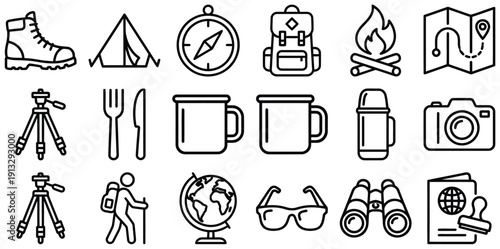 Adventure and travel icons in a clean outline style, showing hiking boots, tent, compass, backpack, campfire, map, and globe.
