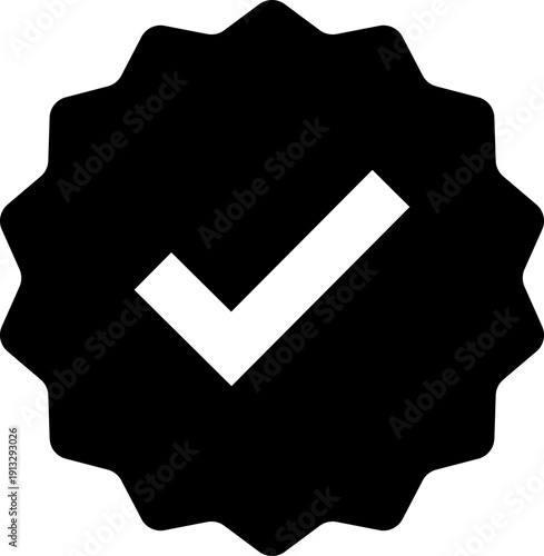 Account verification icon with check mark in circle and badge shape for social media profile security. Black tick authenticity symbol isolated on transparent background. Vector illustration.