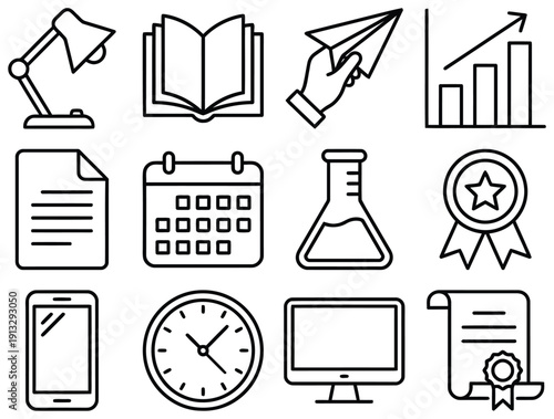 Vector icon collection for education and business, featuring a desk lamp, open book, paper airplane, and achievement award.