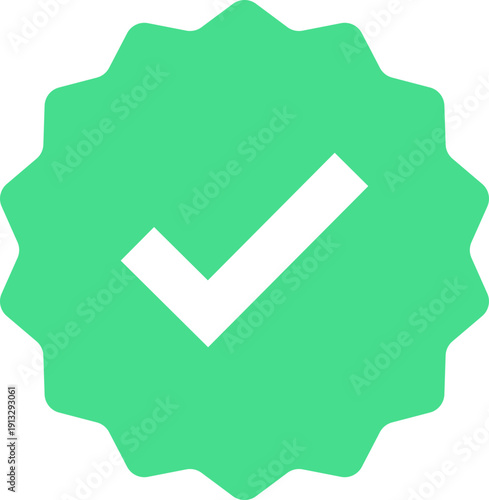 Account verification icon with check mark in circle and badge shape for social media profile security. Green tick authenticity symbol isolated on transparent background. Vector illustration.