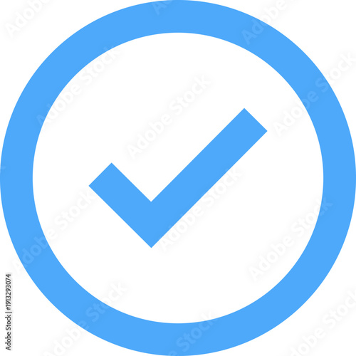 Account verification icon with check mark in circle and badge shape for social media profile security. Blue tick authenticity symbol isolated on transparent background. Vector illustration.