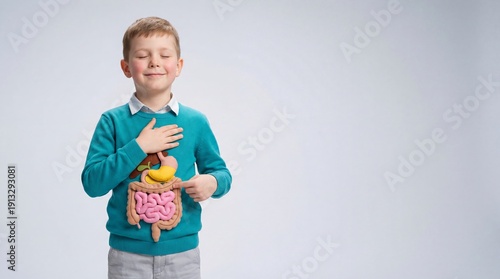 A young boy with a cheerful expression holds a model of the human digestive system in front of his torso while pointing to it with one hand and touching his chest with the other