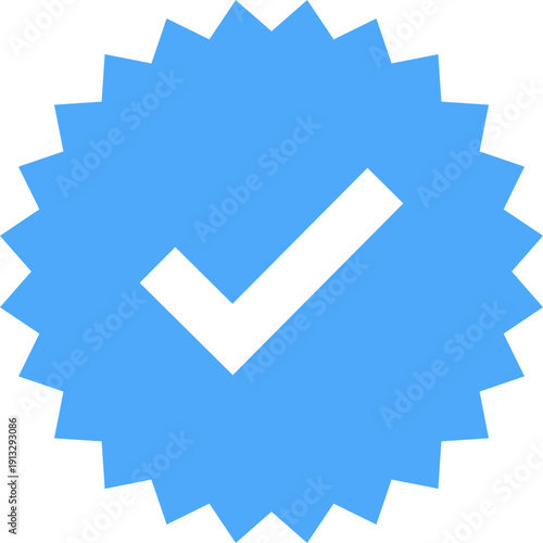 Account verification icon with check mark in circle and badge shape for social media profile security. Blue tick authenticity symbol isolated on transparent background. Vector illustration.