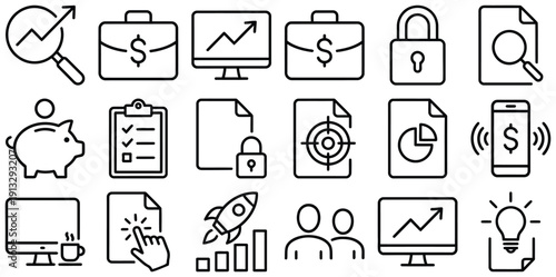 Digital marketing and finance icon set with charts, money, strategy, and online tools for business growth and analytics.