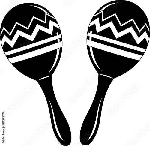 A pair of black and white maracas with zigzag and stripe patterns