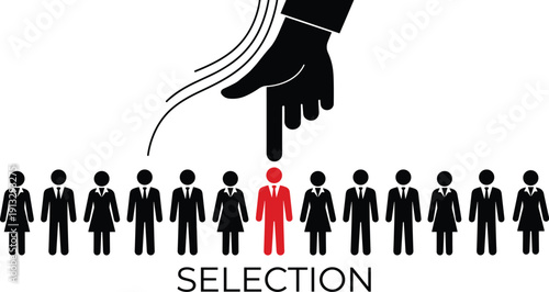 Employee selection and recruitment concept illustration with hand choosing highlighted candidate among business people silhouettes isolated on white background human resources vector