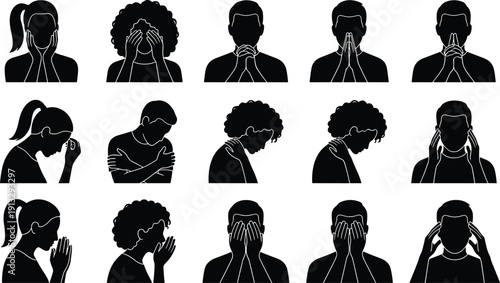 Emotional people silhouette collection showing stress, anxiety, sadness, and prayer gestures isolated on white background, mental health awareness vector illustration set