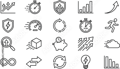 Performance and productivity icons set, business growth and speed illustration, efficiency improvement symbols, fast progress arrows, energy boost graphics for success