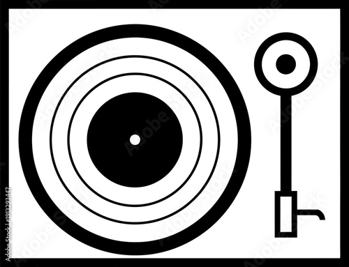 A black and white image of a vinyl record player with a stylus and record