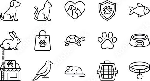 Pet and animal care icons set, veterinary services and lifestyle concept, cad drawing flat vector illustration, black and white