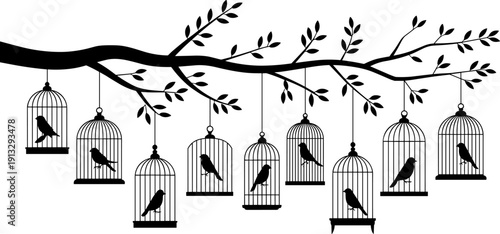 Elegant black silhouette illustration of birds in vintage cages hanging from a leafy tree branch isolated on white background for interior wall decor design.