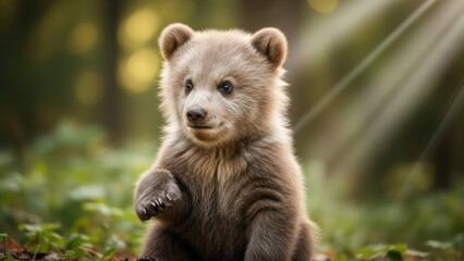 Curious young bear cub exploring sunlit forest floor.