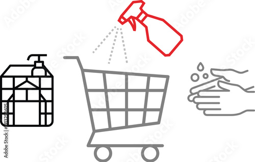 Hand sanitizer shopping concept illustration featuring disinfectant bottle, spray, cart, and hand washing icons isolated on white background hygiene and health vector set