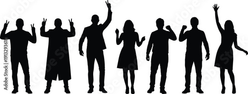 Group of people silhouettes showing different poses and gestures isolated on white background, black human figure vector set for diversity, teamwork, and lifestyle design