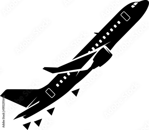Black and white illustration of a commercial airplane in flight ascending