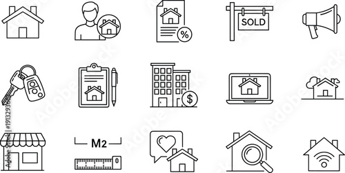 Real estate icons, property symbols, housing graphics, home listing, rent tools, buying process, black white icons, agent, sale, search