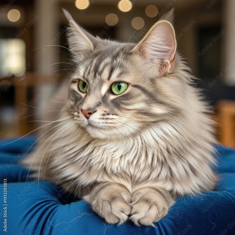 Fototapeta premium Elegant silver tabby cat resting on a blue cushion indoors.