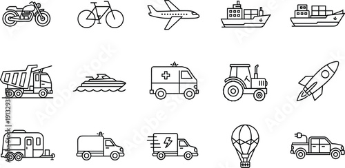 Transportation icons set, land, air, water, electric vehicles, rocket, motorcycle, van, truck, ship, vector illustration, black line