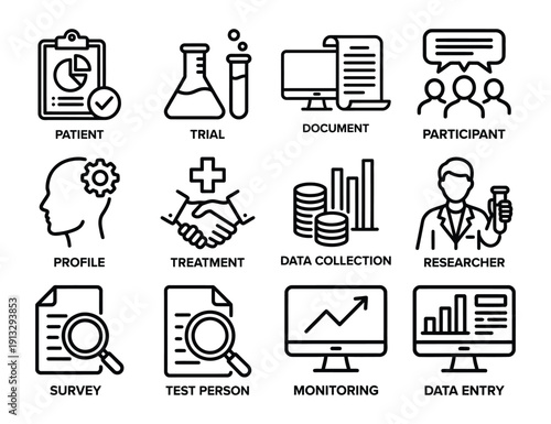 Medical research and patient care icons: patient chart, test tube, document, participants, profile, handshake, data collection, researcher, survey, test person, monitoring, data entry.
