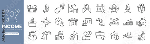 Income and earnings web line icon set with salary profit revenue savings and financial growth concepts. Editable stroke