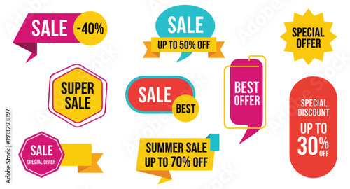 Colorful sale and discount offer banners for promotional use in marketing materials