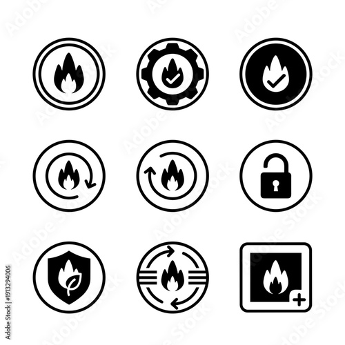Collection of Fire Safety Icons and Symbols with Lock and Shield Graphic Elements