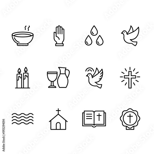 Collection Of Christian Religious Icons And Symbols In Line Art Style Isolated On White Background