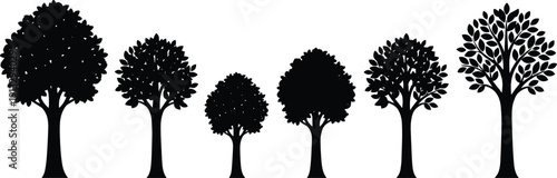 Leafy tree silhouette collection featuring ornamental and deciduous trees isolated on white background, detailed black botanical vector illustration set for landscape design