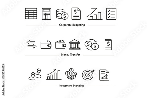Financial Icons Representing Budgeting Banking And Investment On Black Background