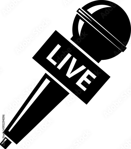 A black and white graphic of a microphone with a live broadcast indicator
