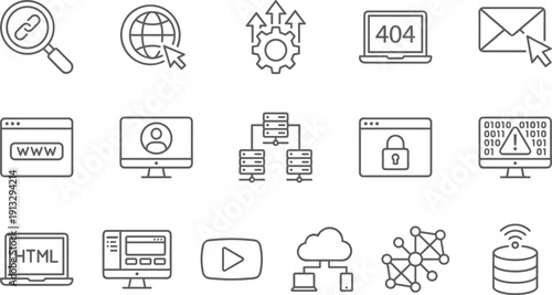 Web development and internet technology icons set, SEO and cloud computing concept, cad drawing flat vector illustration, black and white