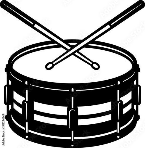 A black and white illustration of a snare drum with crossed drumsticks on top a classic musical instrument used in various genres of music