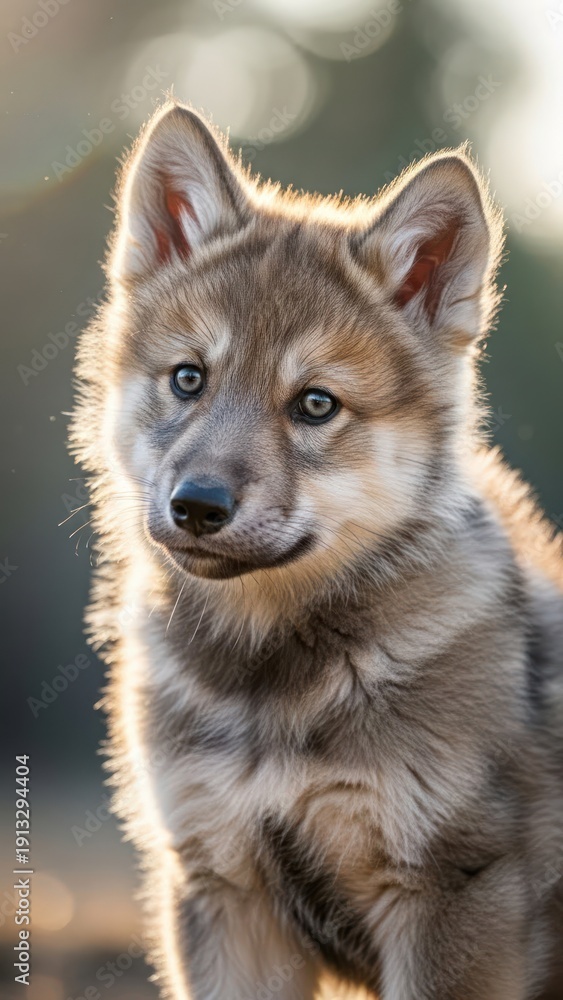 Obraz premium Adorable fluffy puppy posing with curious eyes and perky ears in soft lighting.