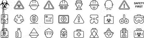 Workplace safety and hazard prevention icon set with PPE, warning signs, biohazard, first aid, protective gear, emergency equipment