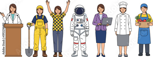 Different professions people collection, doctor, worker, astronaut, businesswoman, chef, farmer, diverse careers concept, standing characters set, isolated vector illustration, occupation diversity